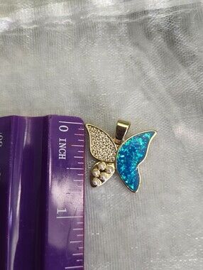 Gold Butterfly Pendant with Blue Opal and Crystal Accents